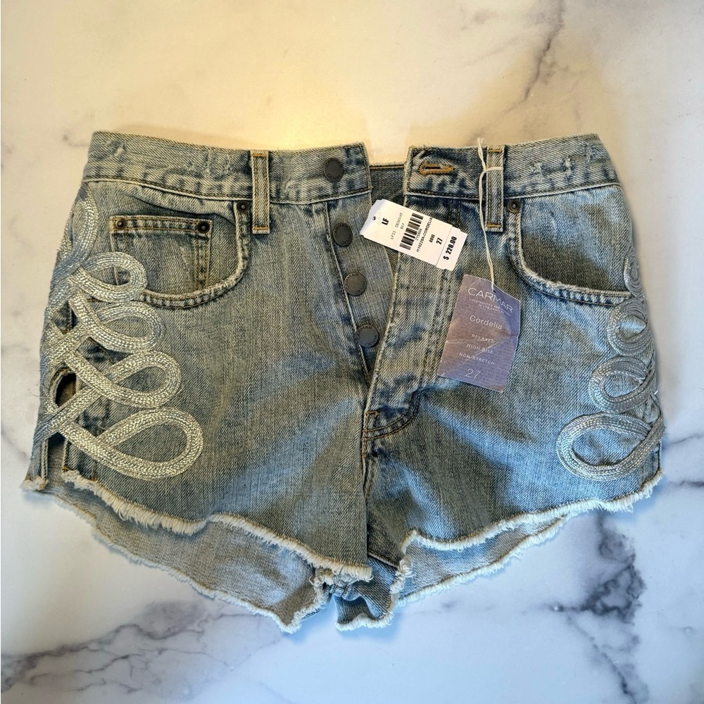 NEW WITH TAGS Carmar Cordelia Denim Shorts, Embellished Side Panels, Size 27 - Picture 3 of 6
